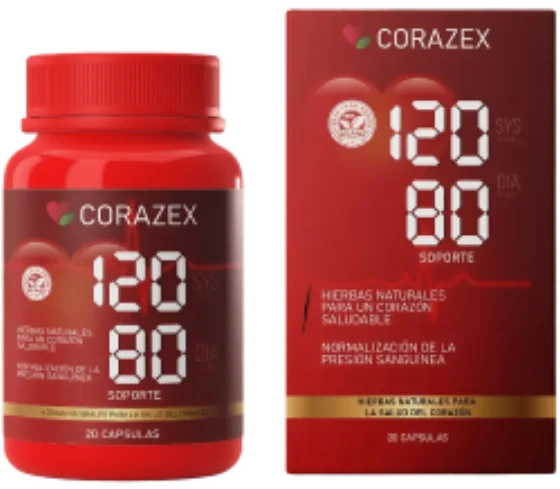 Frasco rojo de Corazex 120/80 · suplemento alimenticio de 20 cápsulas con 6 activos naturales para la presión arterial
