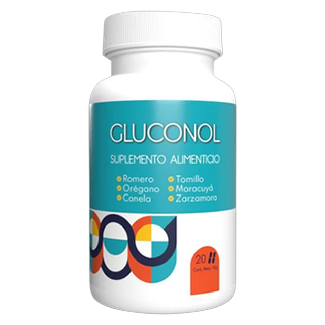 Frasco de Gluconol · suplemento alimenticio de 20 cápsulas con 6 plantas para estabilizar la glucosa