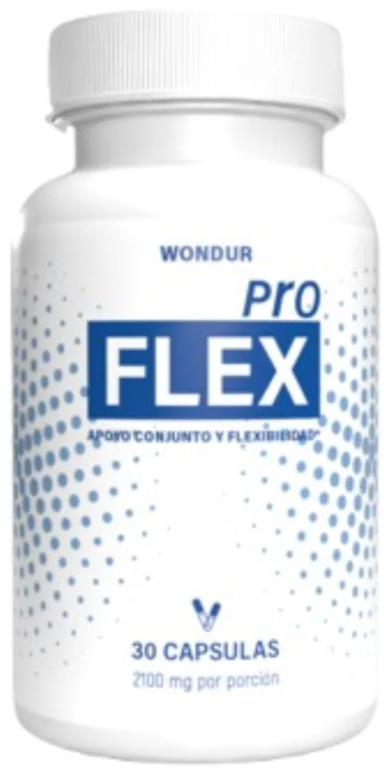 Frasco blanco de Pro Flex Wondur · cápsulas para cartílago articular con 6 activos naturales · 30 cápsulas 2100 mg